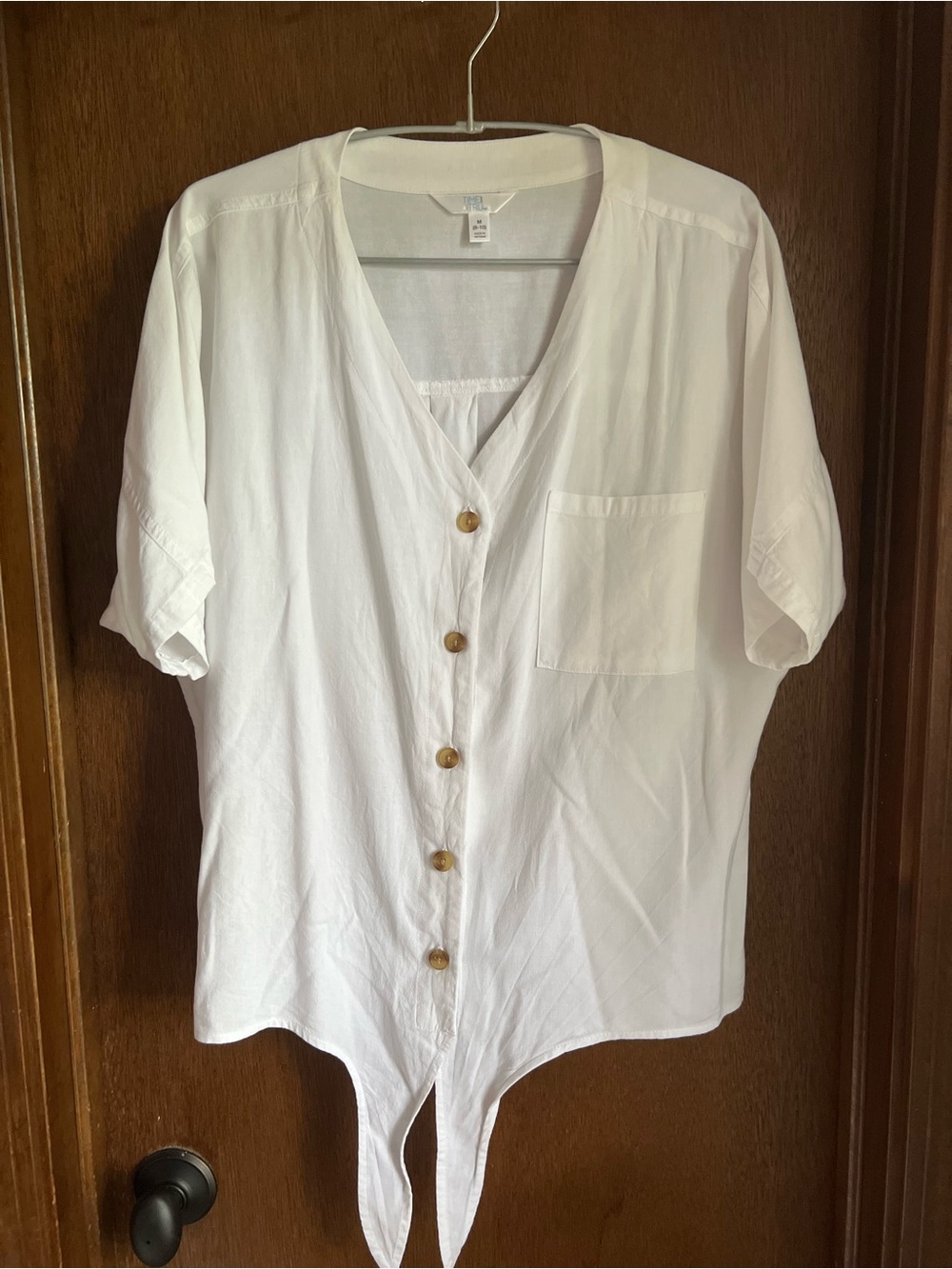 Women's White Button-Front V-Neck Tie-Hem Top